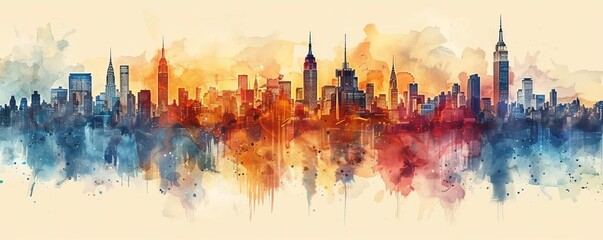 Artistic watercolor skyline of a major city, ideal for travel posters or urban event promotions