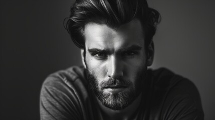 Fototapeta premium Young Eastern European man, dark brown hair, goatee, semi-serious look, male model. black and white photo.