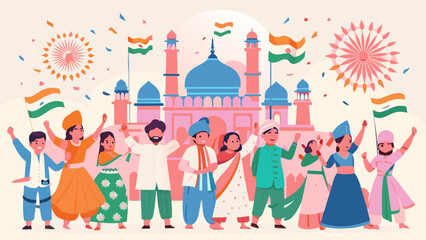 Vibrant Indian Festival Celebration with Diverse Happy Characters