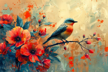 A bird is perched on a branch of a tree with red flowers in the background. The painting has a vibrant and lively atmosphere, with the bird and flowers creating a sense of harmony and balance