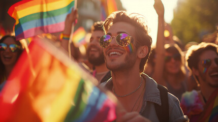 Crowd celebrating at a Pride parade with rainbow flags.