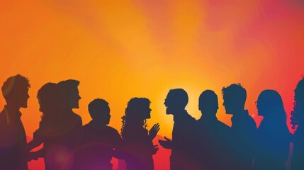 Silhouettes of a multi-ethnic group engaged in conversation, illustrating a scene of social unity and equality