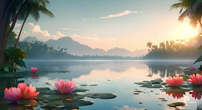 Modern cartoon of a tropical swamp landscape with water lilies and trees. Concept Tropical Swamp Landscape, Modern Cartoon, Water Lilies, Trees, Nature Illustration