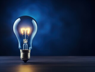 Navy Blue backdrop with illuminated lightbulb on a white platform symbolizing ideas and creativity business concept creative thinking innovation new 