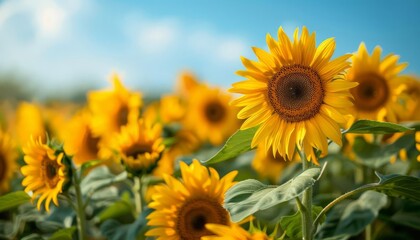A field of sunflowers under a clear blue sky, ideal for agricultural advertisements or sunny, optimistic themes - obrazy, fototapety, plakaty