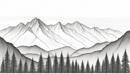 a drawing of mountains and trees a detailed drawin