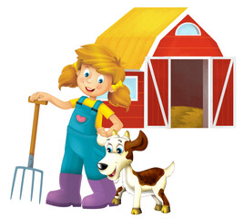 cartoon scene with farmer girl standing with pitchfork and farm animal goat isolated background illustation for children