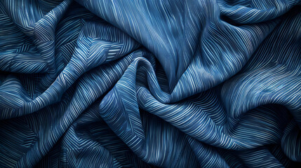 Blue stripy textured folded fabric close up in indigo blue.