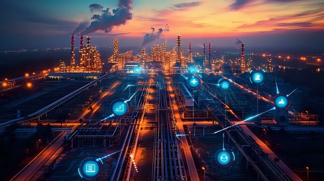 Technology and Nature Merge at Industrial Complex in Dusk - Powered by Adobe