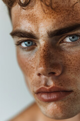 Obraz premium Close-up portrait of a young handsome man with freckles