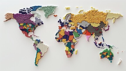 Detailed knitted map of the world showing color-coded countries, on white.