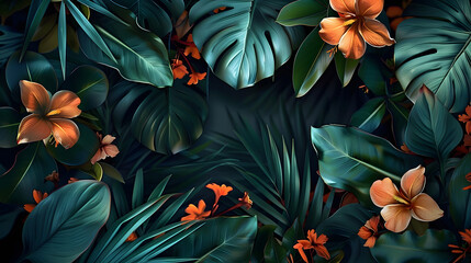 Tropical leaves and flowers against a dark backdrop