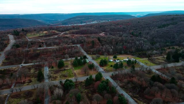 Aerial landscape of graffiti road in Fall around abandoned coal town Centralia Pennsylvania