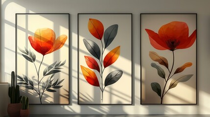 Plant abstraction posters. Fluid organic shapes, neutral natural colors. Contemporary collage artistic wall prints. Mid-century Modern design. Modern art poster.