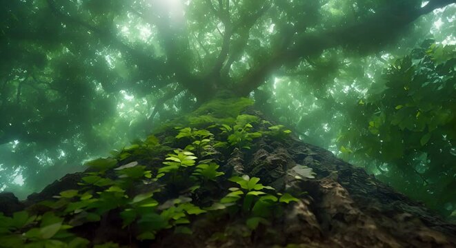 Cinematic lowangle shot of wide tropical tree trunks in dense rainforest. Concept Rainforest Photography, Tropical Trees, Low-Angle Shot, Cinematic Composition, Nature Scene