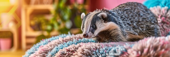 A small brown and black badger is laying on a blanket in a cozy interior indoor background.