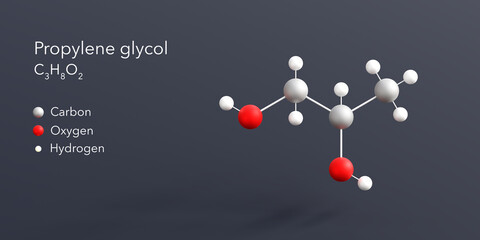 propylene glycol molecule 3d rendering, flat molecular structure with chemical formula and atoms color coding