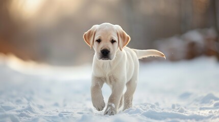 A small brown and white Labrador Retriever Spanie puppy is running through the snow