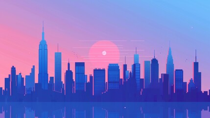 A minimalist line art illustration of a city skyline at dusk.