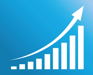 Graph data with an upward stepping arrow. Growth Bar white stairs step to growth success vector illustration on blue. Progress way and forward achievement creative concept. Bar graph of white bars.