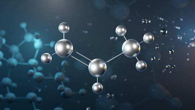 propylene molecular structure, 3d model molecule, propene, structural chemical formula view from a microscope