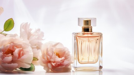 bottle of perfume on the white background , pastel flowers