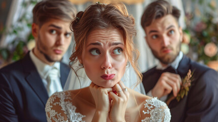 Indecisive bride to be.  Wedding photo, confused look with two male suitors. Comical.