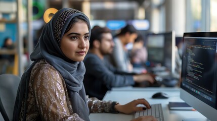 Middle Eastern Female Software Engineer Working at Her Desk 