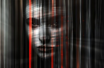 Abstract photography of an abstract face in red and black stripes, the background is dark with blurred curtains, the figure appears from behind the curtain in shades of gray, the eyes glow white, a my