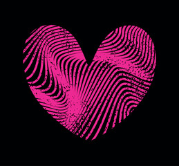 Heart fingerprint trace on black background. Romantic poster with heart digital waves. Romantic tee print