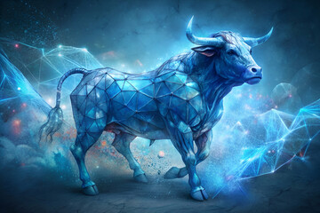 Artistic Visualization of Digital Bull Composed of Networked Points Against Grey Background