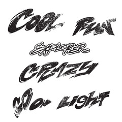 Graffiti words in street art style. Urban lettering. Urban typography text Cool, Fun, Crazy, explorer, go on, light. Street art hand writing vector lettering