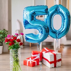 Bright saturated metallic blue helium balloons with number 50, nicely wrapped gifts and flowers