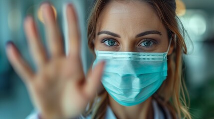 Serious female doctor holding up her hand in rejection or stop sign.