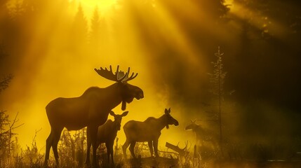 Silhouette of wild moose with calves standing in the sunset woods, the sun is shining through the trees, casting a warm glow on the scene