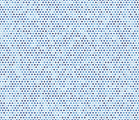 Honeycomb background. Rounded hexagons mosaic cells with padding and inner solid cells. Blue color tones. Small hexagon geometric shapes. Tileable pattern. Seamless vector illustration.