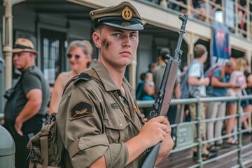 Fototapeta premium A focused soldier in uniform patrols, rifle in hand, among Anzac Day observers.