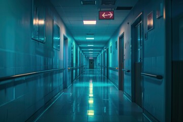 Dimly Lit Hospital Corridor with Emergency Exit Sign at Night