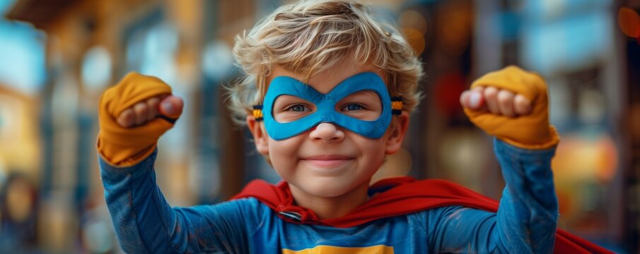Superhero boy in blue mask posing with fists