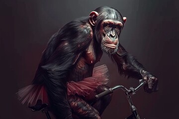 A playful chimpanzee in a tutu skirt sits on a bike, pedaling with grace and charm.