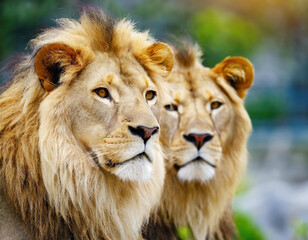 Obraz premium frican lion couple. Pair of wildlife pride predator animals.
