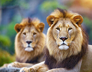 frican lion couple. Pair of wildlife pride predator animals.