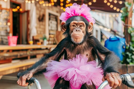 A playful chimpanzee balances on a bicycle, wearing a vibrant pink tutu.