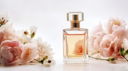 bottle of perfume on the white background, beige flowers