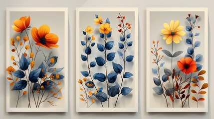 A botanical floral wall art set with abstract plants graphics on white paper. Home decor wall posters with flat design and modern background. Modern illustration.
