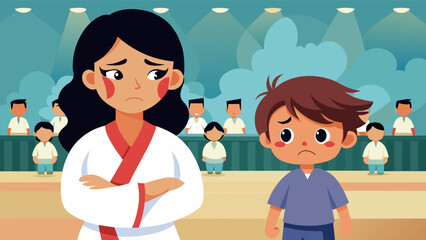 Fototapeta premium A mother looks on with tears in her eyes as she watches her once timid child confidently lead a martial arts demonstration in front of a large