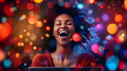 Happy African American woman celebrates online job offer on laptop. Concept Online job offer celebration, African American woman, Laptop, Happy expression
