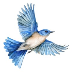 flying bluebird in watercolour on white background