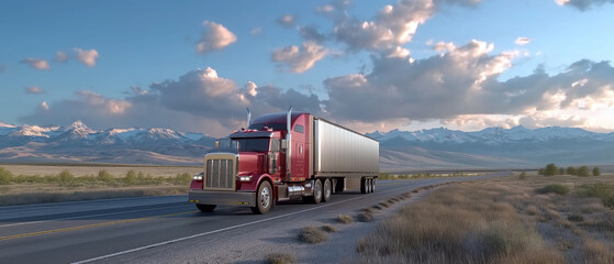 A large truck carries cargo along the highway passing beautiful landscapes