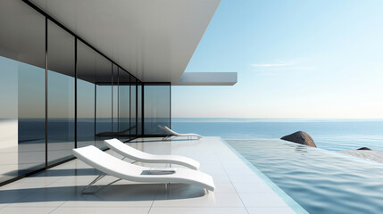 Fototapeta premium Minimalist solarium design, simple yet sophisticated with sleek lines and a monochrome color palette, emphasizing clarity and openness